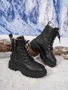Botas de tobillo de invierno nuevas para mujer, botas de media pantorrilla con forro térmico, diseño con cremallera lateral y cordones delanteros, botas de invierno para exteriores, adecuadas para salidas diarias de invierno, botas negras - Negro - Ver 6