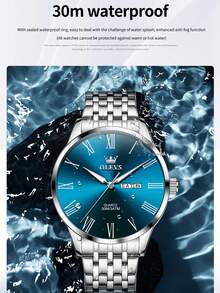 OLEVS 3633 Men's Business Minimalist Original Quartz Watch, Waterproof Luminous Stainless Steel Dual Calendar Display Watch - Blue - View 8