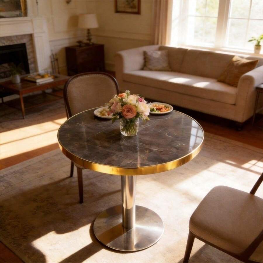 Modern Round Side Table With A Gold Stainless Steel Frame, Marble-Effect Top For Living Room, Luxury Side Table With A Sturdy Base. - 灰色 + 中密度纖維板 - 查看 1