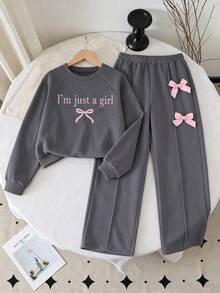 Toddler Fashion Gray Letter Print Crew Neck Long Sleeve Top And Wide Leg Pants With Bow Decor, Autumn/Winter - Grey - View 1