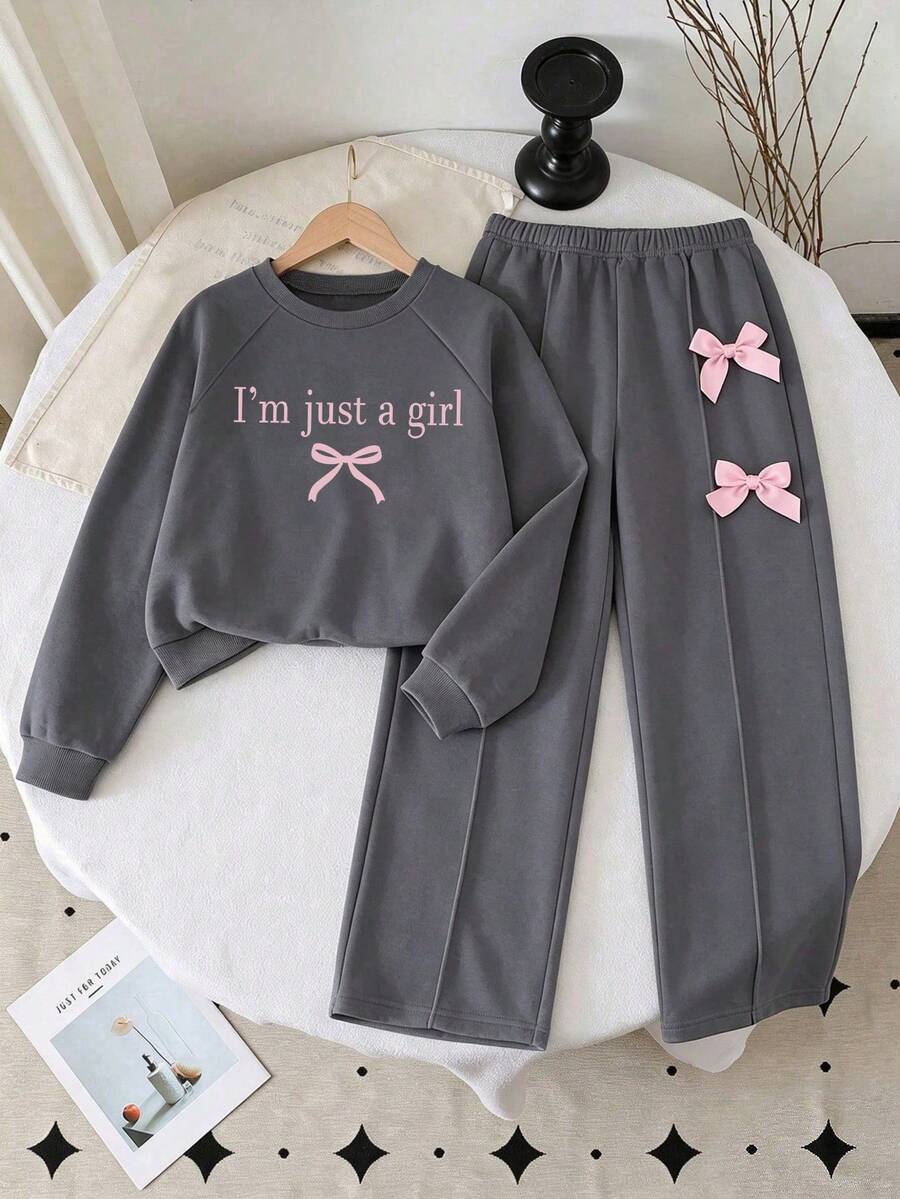 Toddler Fashion Gray Letter Print Crew Neck Long Sleeve Top And Wide Leg Pants With Bow Decor, Autumn/Winter - Grey - View 1
