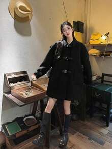 Mantel Wol Premium Kasual Longgar Lengan Panjang dengan Kerah Warna Polos untuk Wanita, Musim Gugur/Dingin - Hitam - View 3
