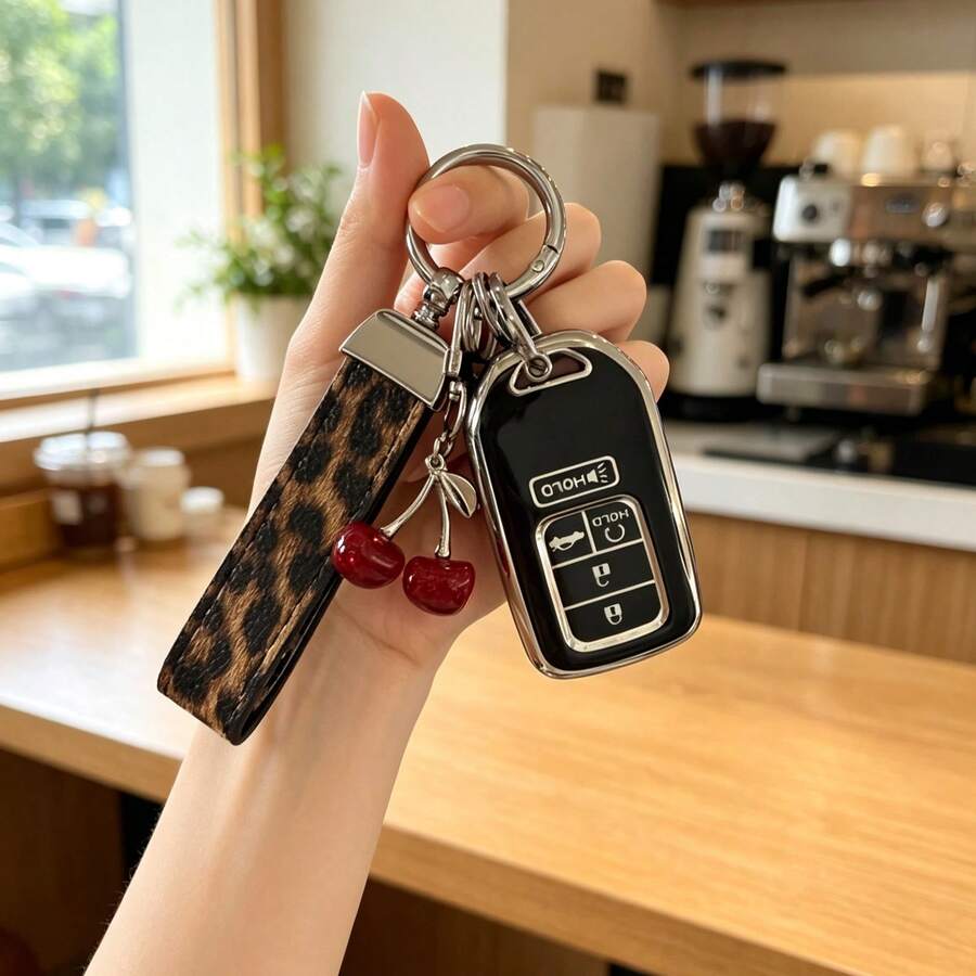 غطاء مفتاح سيارة بطبعة نمر إبداعية، تصميم كرز لطيف، متوافق مع مفتاح سيارة هوندا CRV Accord، غلاف حماية - سوار بنقشة جلد الفهد مع كرز - مشاهدة 1