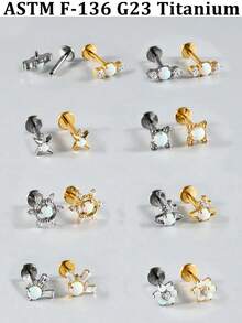 1PC Titanium Alloy CZ&Synthetic Opal Cross Cluster Flower Lip Labret Stud Flat Back Internal Threaded Piercing Ear Cartilage Tragus Rook Lobe Earring - As Shown - View 1