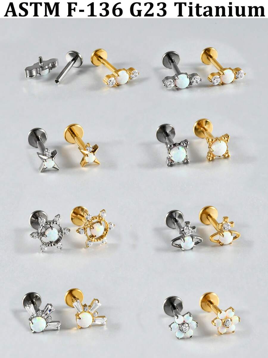 1PC Titanium Alloy CZ&Synthetic Opal Cross Cluster Flower Lip Labret Stud Flat Back Internal Threaded Piercing Ear Cartilage Tragus Rook Lobe Earring - As Shown - View 1