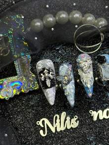 10pcs Handmade Fully Covered Stiletto Nails Press On Nails, Light Blue Fake Nails, Silver Cat Eyes, Glossy Cool Gothic Dark Grunge Y2K Reusable,With Jelly Glue&Nail File,Suitable For Daily Rock Club Party Cosplay,Four Sizes To Choose From - Baby Blue - View 5