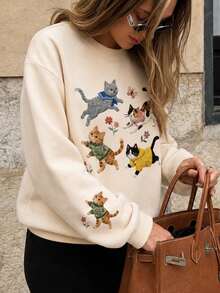 Women's Autumn/Winter New Cute Cat Embroidery & Print Casual Crew Neck Fashion Versatile Sweatshirt - Apricot - View 5