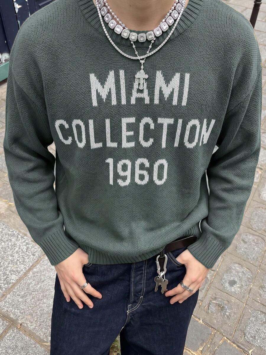 ANDREILEE Men's Casual Loose Fit Pullover Sweater, Lightweight Knitted Crew Neck Sweatshirt With Graphic Print, Suitable For Spring, Autumn And Winter - Green - View 1