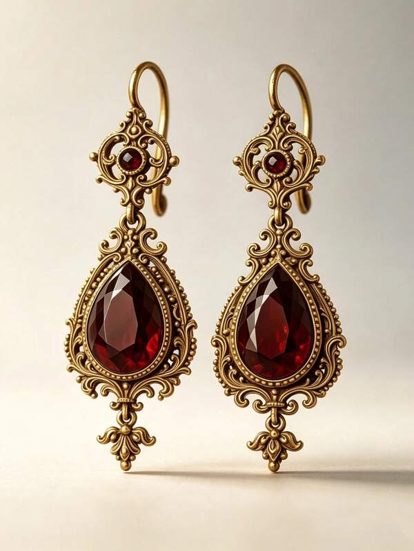 Retro Gothic Red Rhinestone Waterdrop Drop Gold Color Earrings Vintage Statement Jewelry For Women Party Wedding Accessories Banquet Jewelry Gifts