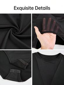 Stylish Women's Long Sleeve Mesh And Fabric Bodysuit With Round Neck, Semi-Sheer Design And Medium Stretch Comfort - Black - View 7