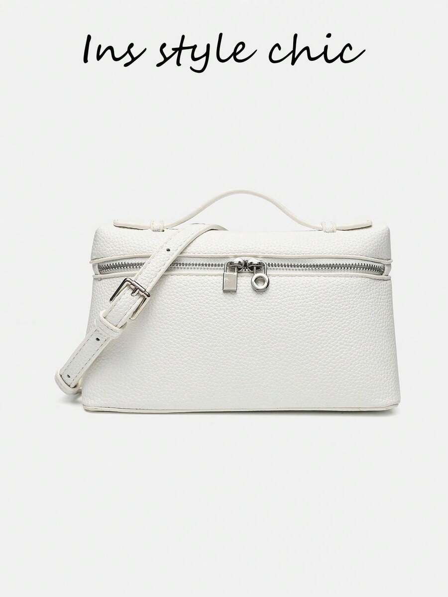 White Textured Small Handbag, Portable Top Handle With Adjustable Shoulder Strap And Metal Lock Decoration, Multi-Functional Travel Makeup Crossbody Bag - White - View 1