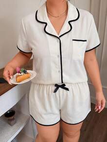 2pcs Set Piyama Wanita Ukuran Besar Warna Polos Minimalis Musim Panas Lengan Pendek Atasan Berkerah dan Celana Pendek Pita - Putih - View 4