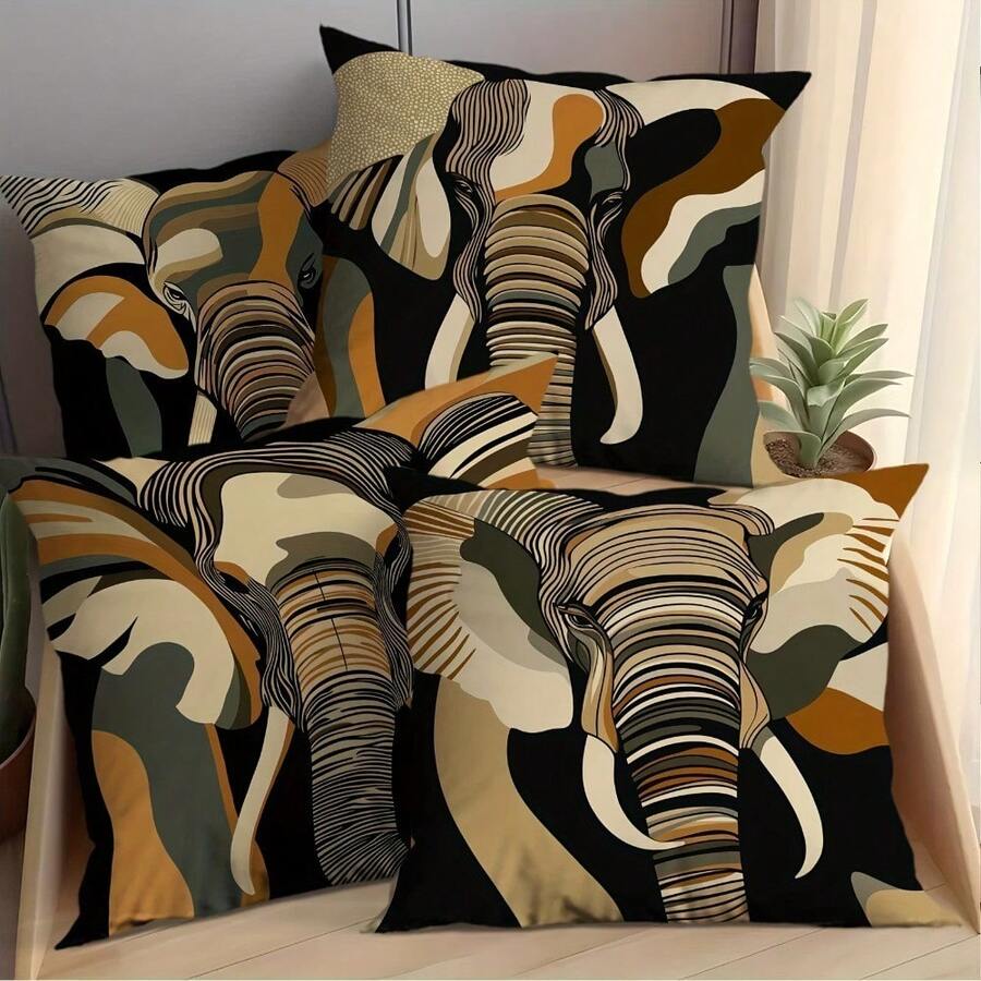 4Pcs Modern Abstract Elephant Outline Art Throw Pillow Covers - 17.7*17.7 Inches, Single-Side Print, Machine Washable, Zippered Polyester Decorative Pillowcase, Suitable For Living Room, Bedroom, Office, Car, Not Insert Included - Multicolor - View 1