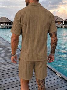 Men's Polo Shirt Set, Knitted, Casual, Mature, Daily Wear - Brown - View 2