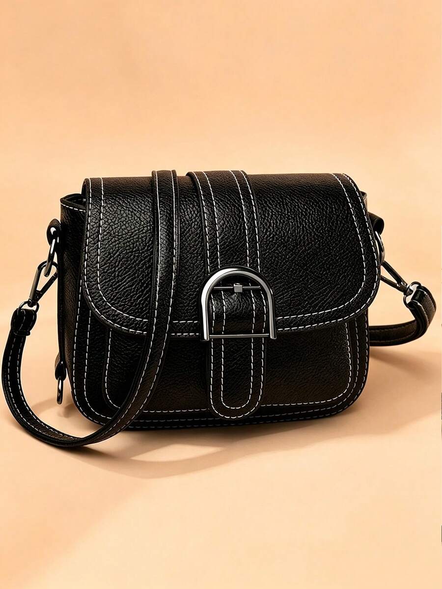 Buckle Decor Stitch Detail Flap Square Bag - Black - View 1