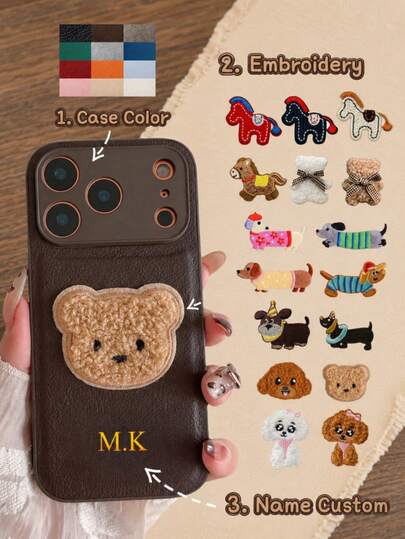 Personalized Luxury Litchi Pattern Embroidered Puppy Faux Leather Phone Case, Personalized Name 3D DIY Engraved Letters Initials Name Luxury Soft Litchi Pattern Leather Cover Compatible With Apple 17 16 15 14 13 12 11 Pro Max, Full Camera Protection Anti-Drop Phone Case, Korean Minimalist Vintage Couple Phone Case, Great Birthday Gift Christmas Gift Gift For Women Personalized Gift