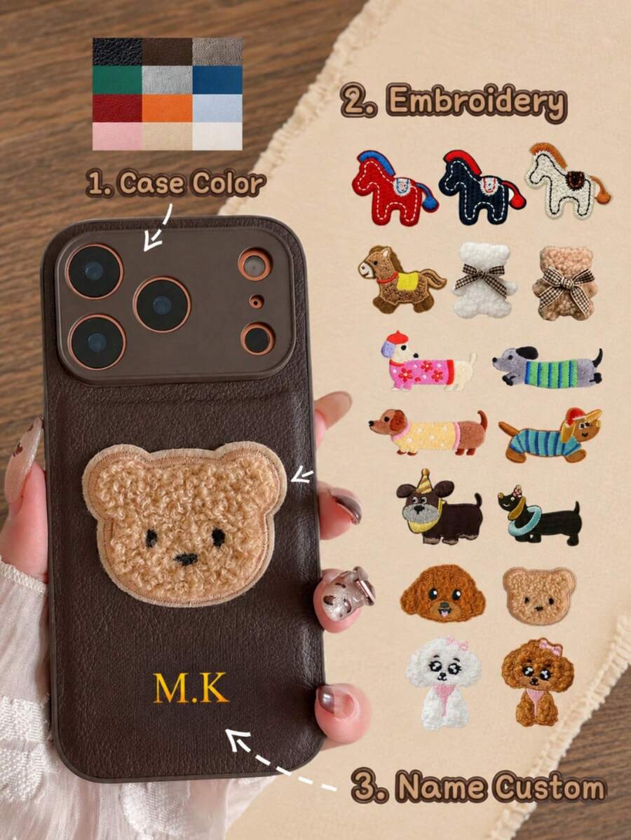 Personalized Litchi Pattern Embroidered Puppy Faux Leather Phone Case, 3D DIY Engraved Letters Initials Name Soft Leather Cover Compatible With 17 16 15 14 13 12 11 Pro Max, Full Camera Protection Anti-Drop Case, Couple Phone Case - Multicolor - View 1