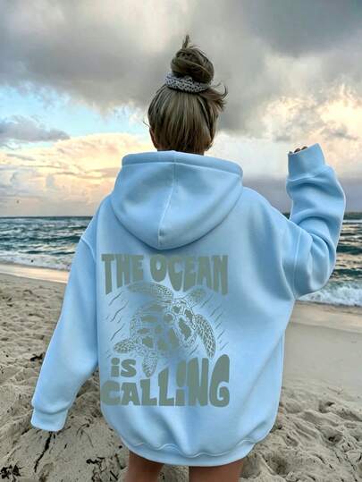 Plus Size Women's Thin Hooded Sweatshirt With Turtle Slogan Print, Casual Fashion Hooded With Pockets, Autumn/Winter Sweatshirt, Comfortable Style With Pattern Top, Comfortable Top, Suitable For Spring/Autumn/Winter School/Sports/Outdoor Activities, Versatile Hooded Sweatshirt, Daily Wear