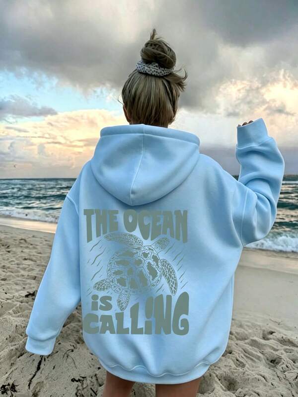Plus Size Women's Thin Hooded Sweatshirt With Turtle Slogan Print, Casual Fashion Hooded With Pockets, Autumn/Winter Sweatshirt, Comfortable Style With Pattern Top, Comfortable Top, Suitable For Spring/Autumn/Winter School/Sports/Outdoor Activities, Versatile Hooded Sweatshirt, Daily Wear