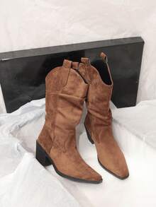 Women's Vintage Pointed Toe Chunky High Heel Tall Boots, Western Style Suede Fashion Boots, Ruched Stacked Slimming Boots, Autumn/Winter, Runs Small - Brown - View 9
