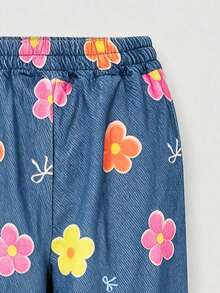 2pcs Set Suitable For Girls, Crew Neck Sweatshirt And Denim Like Floral Bow Wide Leg Pants Outfit, Printed Denim Like Number 67 Pattern Crew Neck Sweatshirt + Denim Like Floral Bow Wide Leg Pants Matching Set, Suitable For Autumn/Winter Daily Wear - Multicolor - View 8