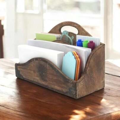 Rustic Wooden Desk Organizer With Handle, Multi-Compartment Office Supplies Holder, Farmhouse Style Paper Stationery Storage Caddy Home Office Desk, Desktop Organization Box