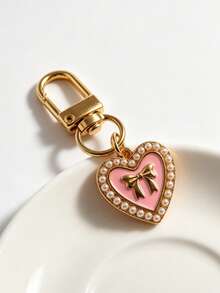 1pc/2pcs/5pcs Pearl Heart Pendant Simple Oil Drip Heart Bow Keychain Charm, Versatile Daily Bag Accessory - Multicolor - View 3