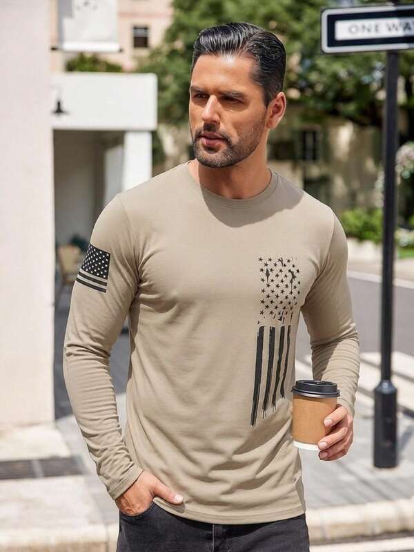 Men's Casual Comfortable Vertical Flag Print Long Sleeve T-Shirt, Autumn/Winter