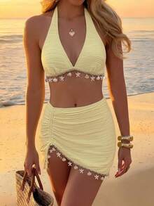 Set Bikini 3 Potong Wanita Warna Kuning Murni dengan Leher Halter, Rok Berpotongan Rumbai Motif Bintang Laut dan Cangkang dengan Tali Serut, Kain Bertekstur, Cocok untuk Liburan Pantai dan Perjalanan Musim Panas - Kuning muda - View 5