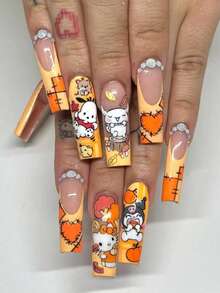 Sanrio Hello Kitty 24pcs Y2K Medium Square French Style Nail Stickers, Cute 3D Hello Kitty & Kuromi & Cinnamoroll, Heart, Maple Leaf, Rhinestone & Pearl Design, Perfect Fit Acrylic False Nails Set, Suitable For Daily And Party Use - Multicolor - View 1