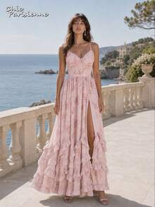 Pink Floral Chiffon V-Neck Backless Tiered A-Line Maxi Dress - 粉色 - 查看 3