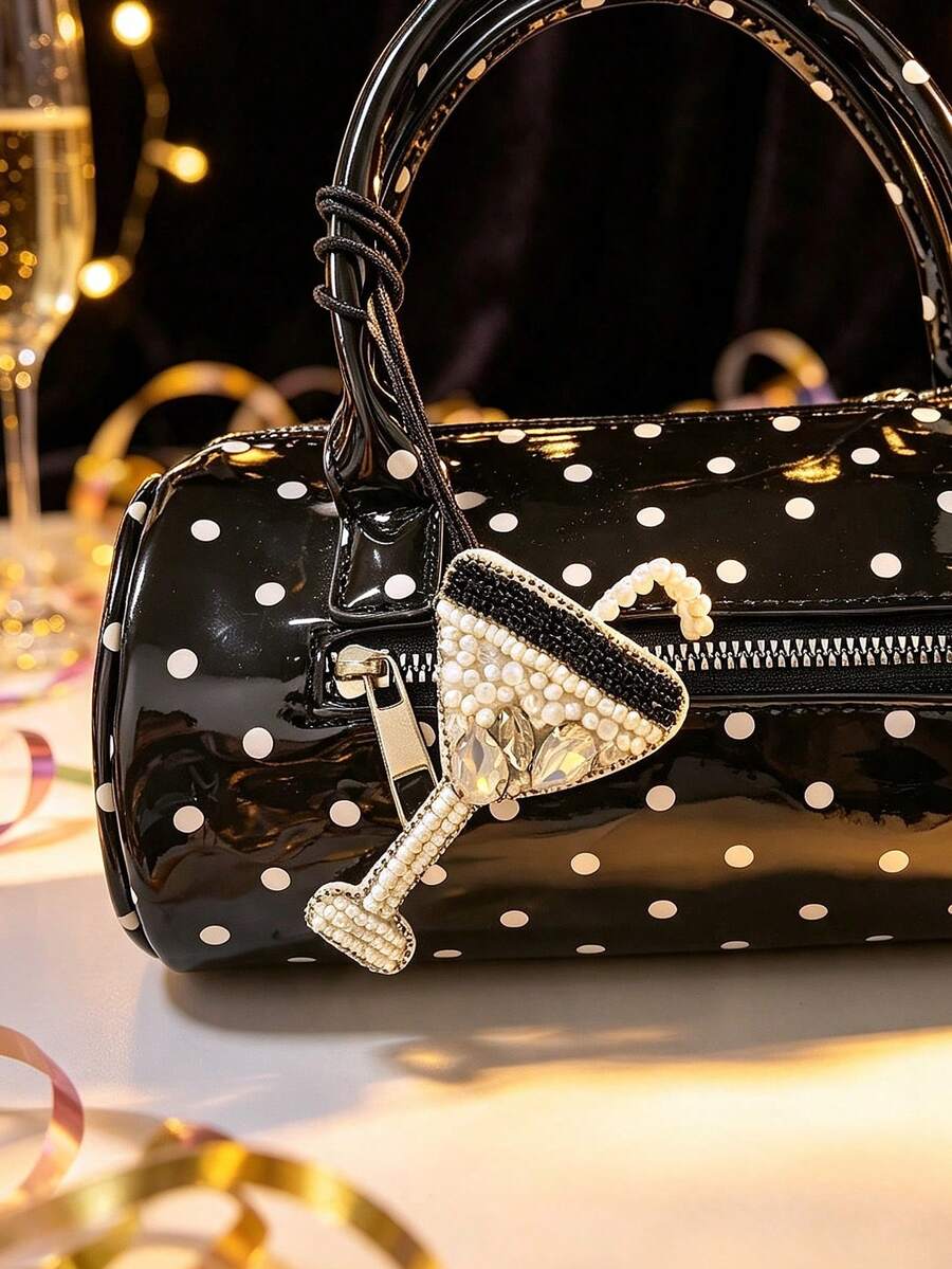 1pc Party Style Bag Charm, Handmade Rhinestone Beaded Pendant With Champagne, Cocktail Glass, Coffee Cup Pattern - White - View 1