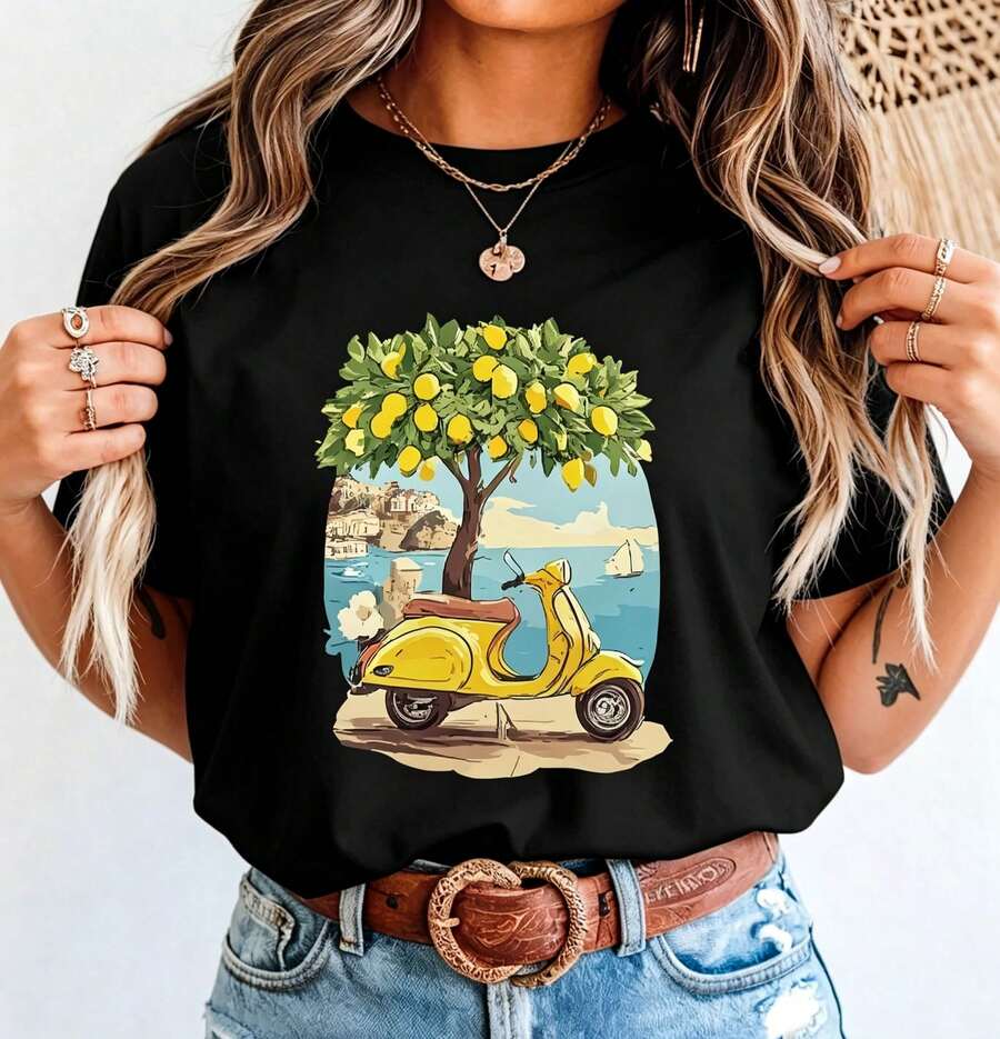 1 camiseta casual de algodão com decote em V, estampa vintage italiana ...