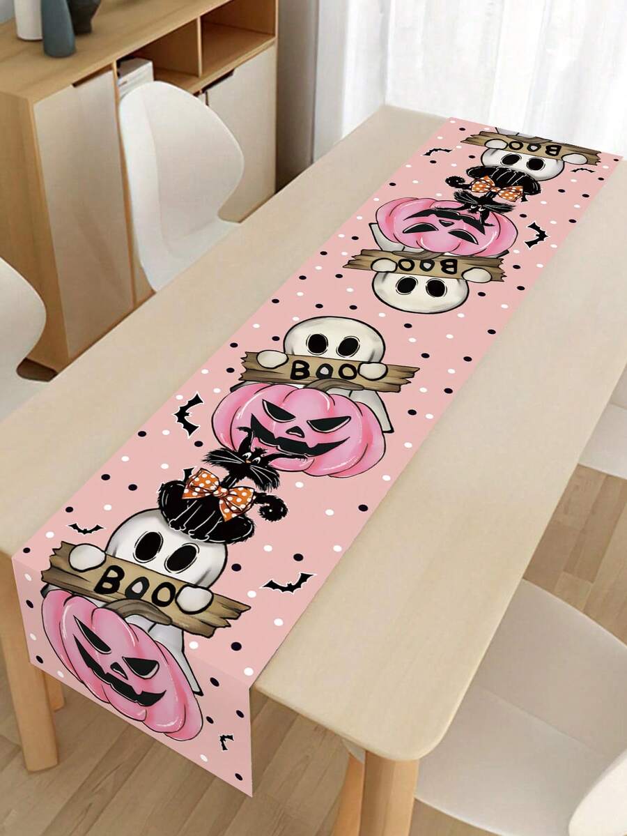 Pink Ghost Pumpkin Halloween Table Runner, Polyester Table Cover For Birthday Party Table Decorations - BOO Ghost Cat Pumpkin Style - View 1