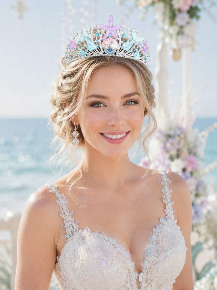 1件夢幻美人魚貝殼與海星髮箍,優雅新娘面紗髮飾,適合海灘婚禮 - 藍紫色 - 查看 1