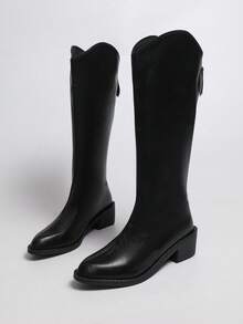 Women's Pointed Toe Fashion Black Knee-High Boots, Solid Color Commuter Boots For Outdoor Winter And Autumn - Black - View 7