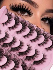 14 Pairs Fluffy Lightweight Strip False Eyelashes, Soft Flexible Black Eyelash Band, Soft Lightweight Synthetic Fiber, Reusable 3D Voluminous Eyelashes, Bold Natural Makeup Effect, Suitable For Daily Makeup, Date, Birthday Party, Nightclub And Studio Photography - Black - View 1
