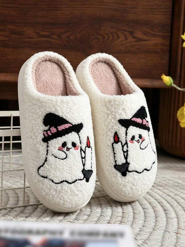 Autumn/Winter White Thermal Lined Closed-Toe Slippers, Cartoon Ghost With Hat Halloween Embroidery, Niche Design, Non-Slip Thick Sole, Comfortable Dorm/Home Slippers