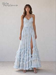 Blue Floral Chiffon V-Neck Backless Tiered A-Line Maxi Dress - 淺藍 - 查看 7