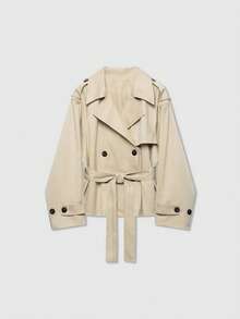 Women's Long Sleeve Collared Casual Belted Short Trench Coat - Light Khaki - View 1
