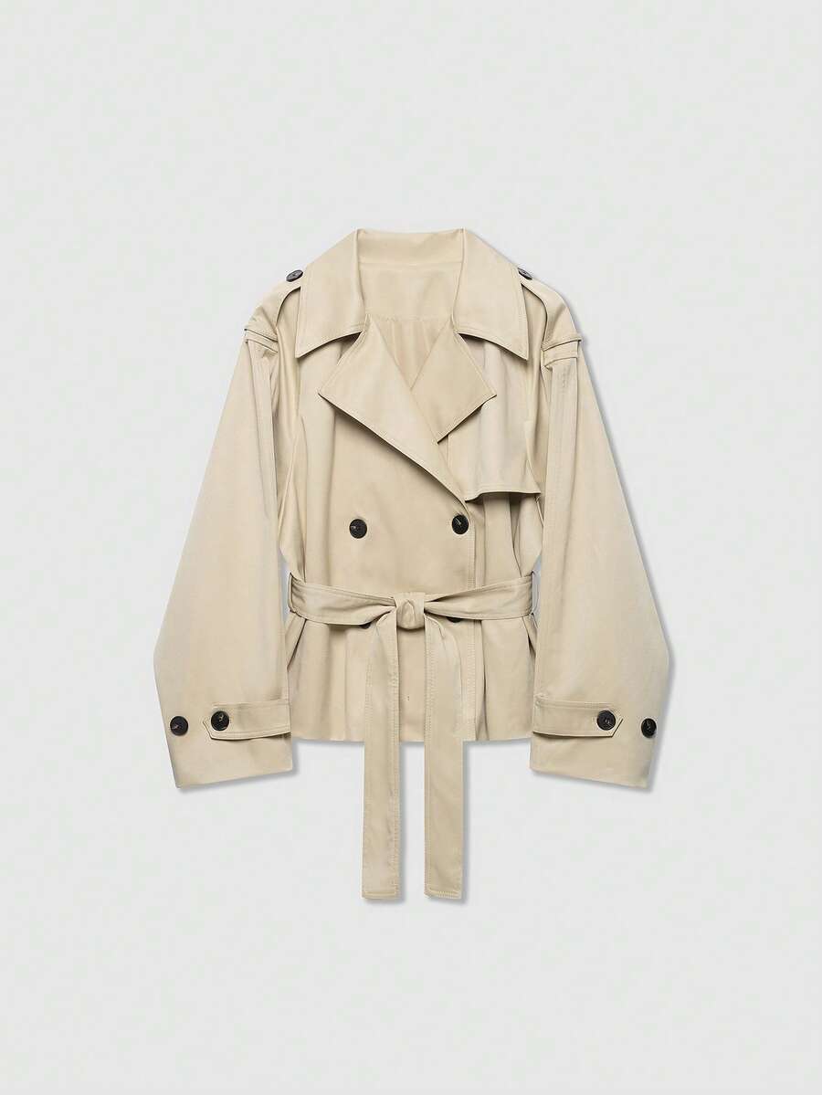 Women's Long Sleeve Collared Casual Belted Short Trench Coat - Light Khaki - View 1