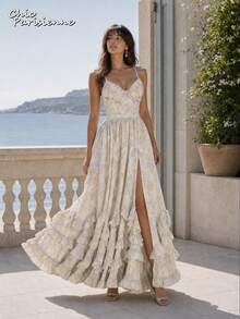 Yellow Floral Chiffon V-Neck Backless Tiered A-Line Maxi Dress - 黃色 - 查看 4