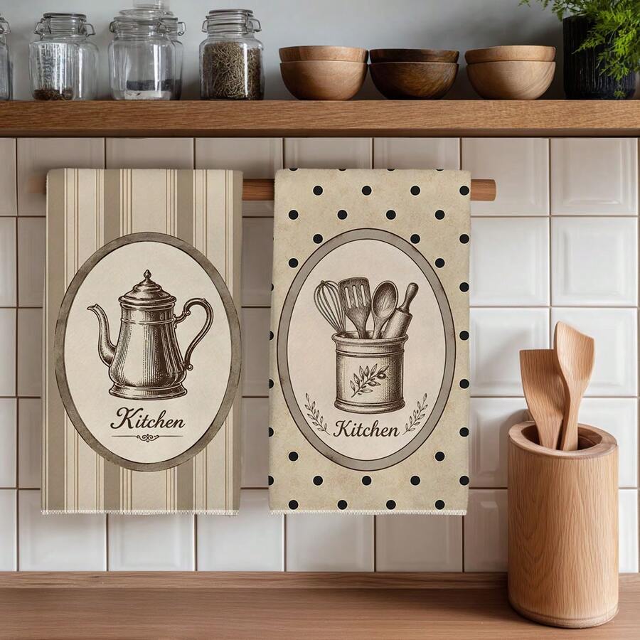 2PCS Kitchen Towels Vintage Stripes & Polka Dots Kitchen Tools Illustration Pattern, Ultra-Fine Microfiber Soft Kitchen Towels Dish Cloths, Hand Towels, Tablecloths, Kitchen Decor, Kitchen Cleaning, Bathroom Cleaning, Holiday Party Decor, Kitchen & Bathroom Supplies Home Essentials, Home Decor, Housewarming Gift - Khaki - View 1