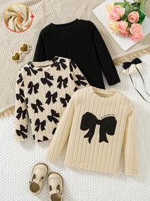 3pcs/Set Girls Casual Fashion Solid Color Bow Print Round Neck Long Sleeve Tops For Daily Wear And Outings, Spring/Autumn - Multicolor - View 2