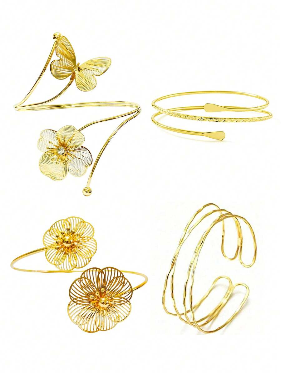 4pcs Floral & Butterfly Romantic Vacation Style, Asymmetrical Geometric Starfish Bangle Bracelet Set, Versatile Daily, Travel, Party Wear For Women - Multicolor - View 1