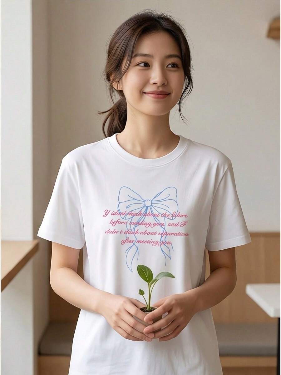 2026 Korean Sweet Spicy Bow Letter Graphic Oversized Tee For Ladies, Light Short Sleeve Youth Summer Daily Wear - 白色 - 查看 1