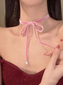 1 pieza Collar de mujer con lazo de terciopelo vintage, gargantilla de perlas elegante y minimalista de moda, cadena ajustable para la clavícula - Multicolor - Ver 4