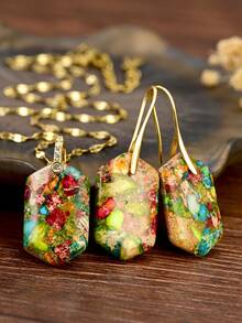 Bohemian Style Royal Stone Hexagon Pendant Jewelry Set, Exquisite Multicolor Mosaic Stone Gold Necklace & Earrings, Vintage Women's Gift Jewelry - Colorful - View 1