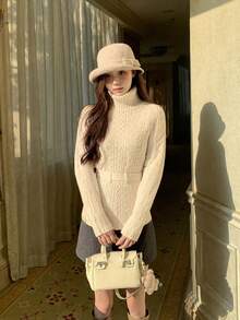 Elegant Soft Style High Neck Cable Knit Sweater For Women, Spring/Autumn, Tie Cinched Waist Pullover Top - Apricot - View 2