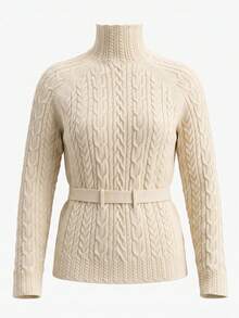 Elegant Soft Style High Neck Cable Knit Sweater For Women, Spring/Autumn, Tie Cinched Waist Pullover Top - Apricot - View 6